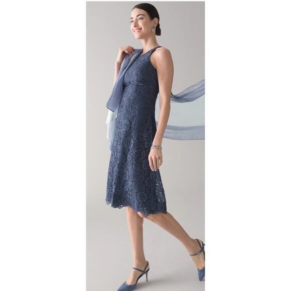 WHBM Blue Grey Sleeveless Lace Halter Fit and Flare Midi Dress - 6 - Picture 1 of 11